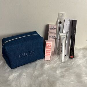 Dior Blue Denim Makeup Bag with Beauty Products